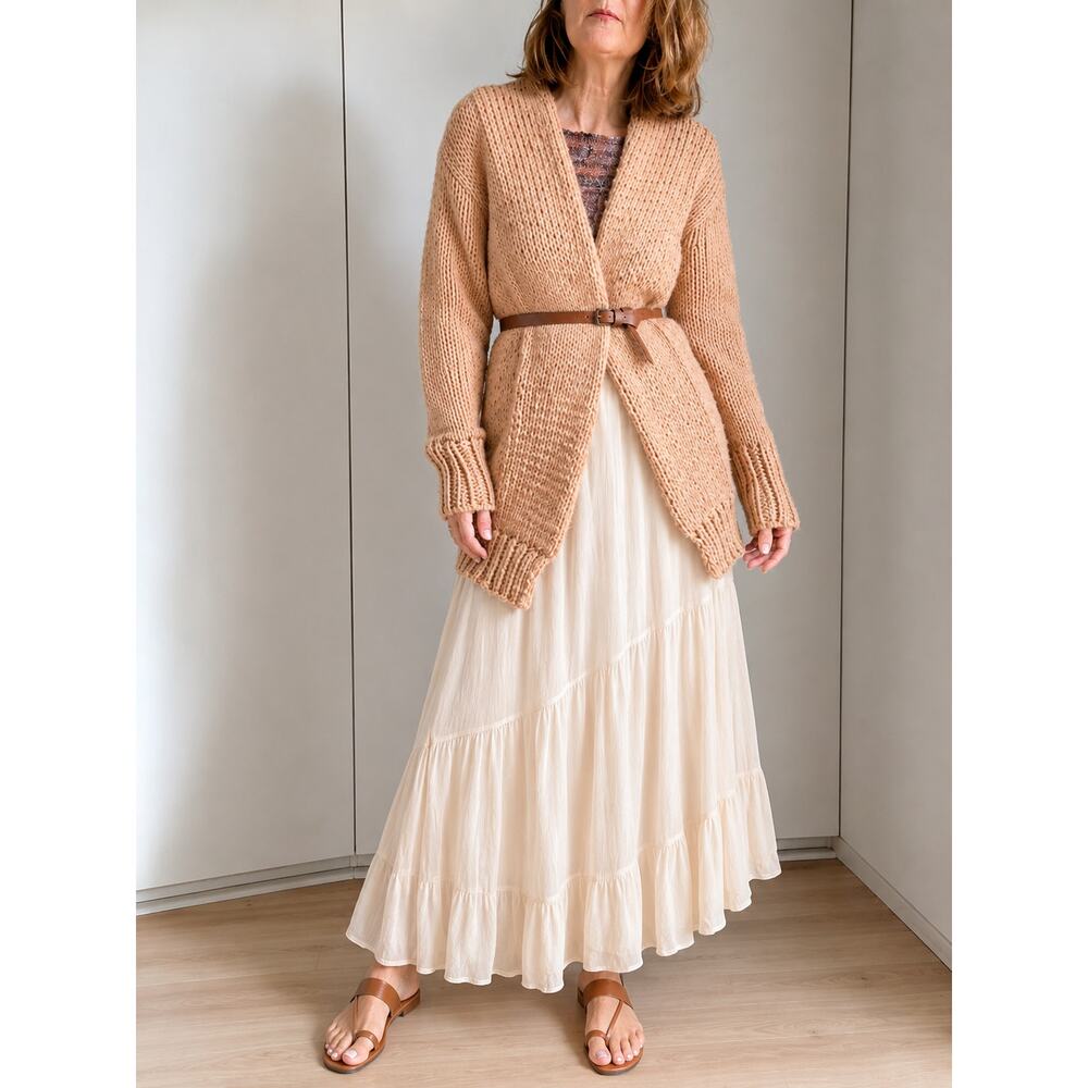 Vintage Neutral Crochet Cardigan Sweater Midi Length Cozy Boho Knit